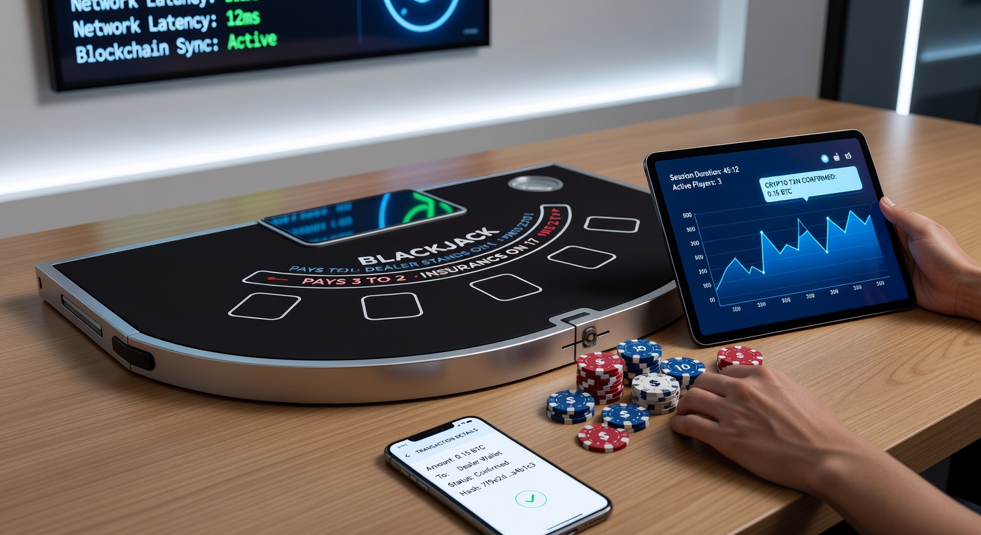 Mobile blackjack player managing sessions with cryptocurrency wallet on smartphone in portable setting