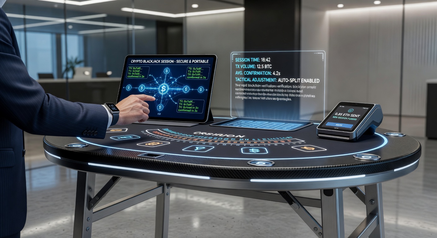 Cryptocurrency blockchain visualization overlaid on portable blackjack game interface showing transaction flow