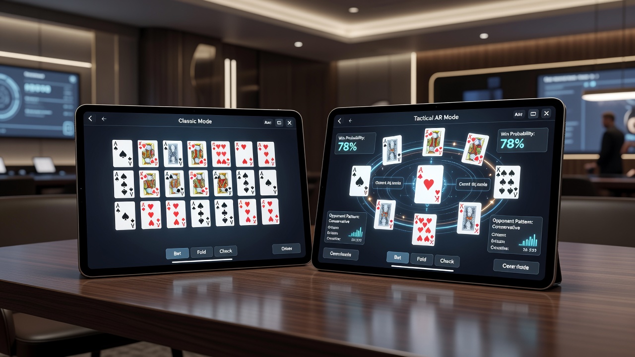 Close-up view of a tablet casino app interface highlighting dynamic card placement and interactive betting areas