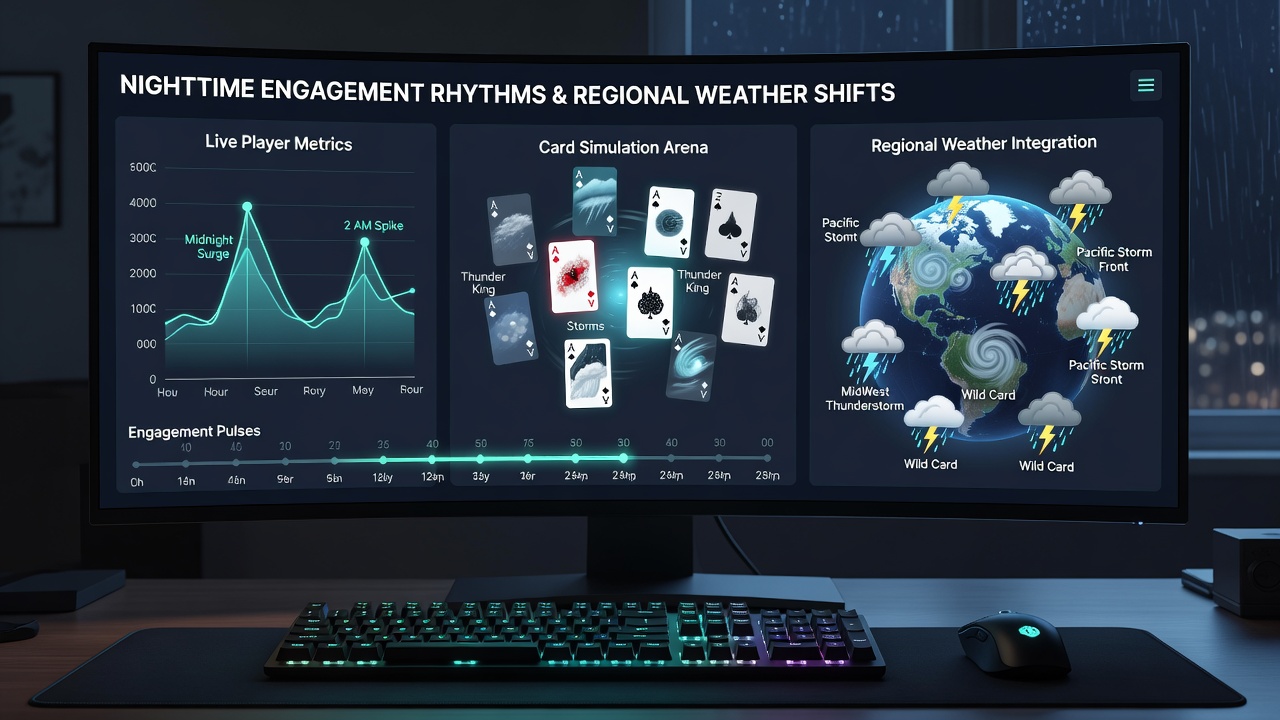 Map overlay displaying regional weather patterns alongside nighttime engagement heatmaps for card simulation platforms